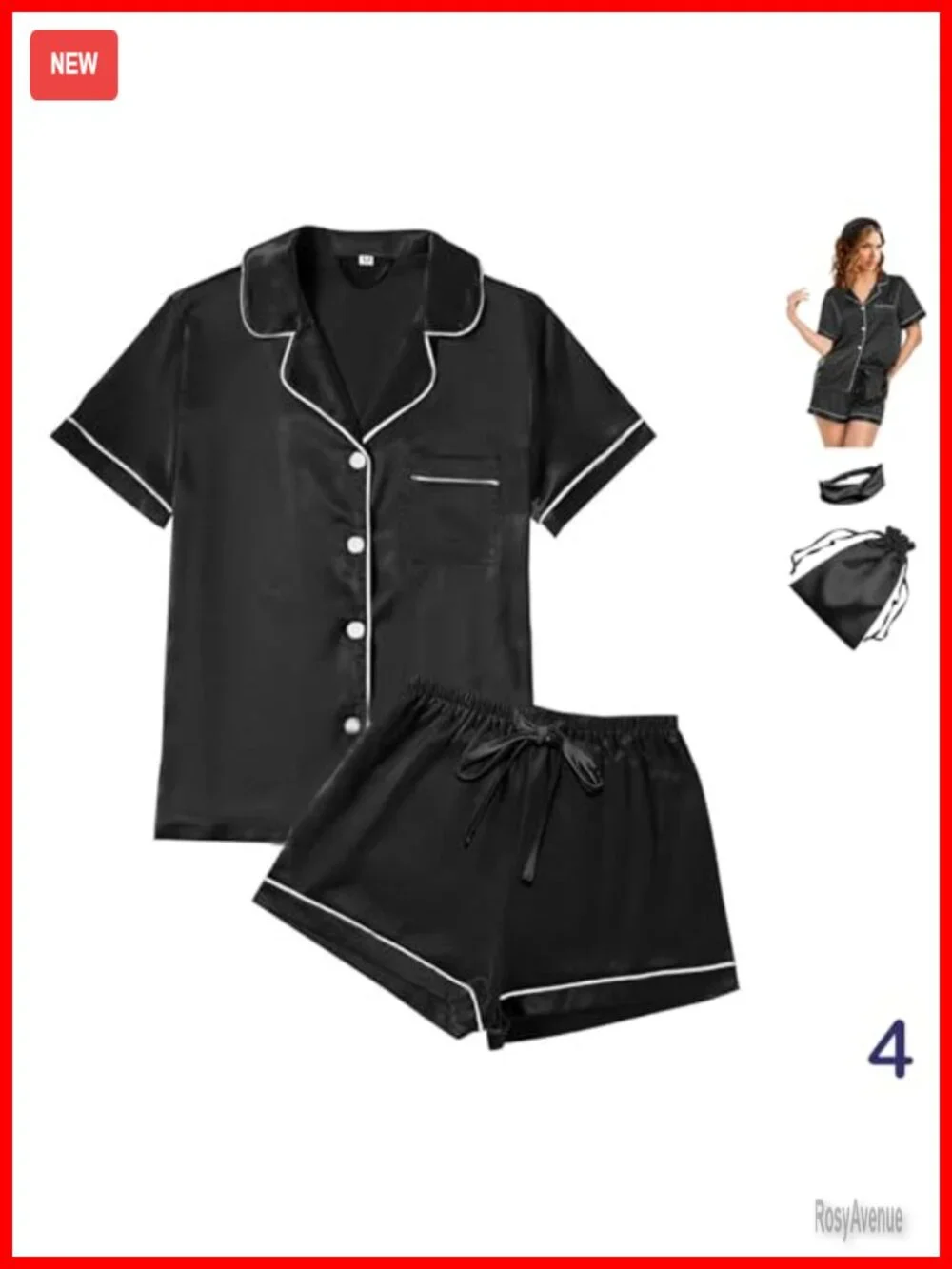 Women's Satin Pajama Set Short Sleeve Button Front Shirt & Shorts with Headband